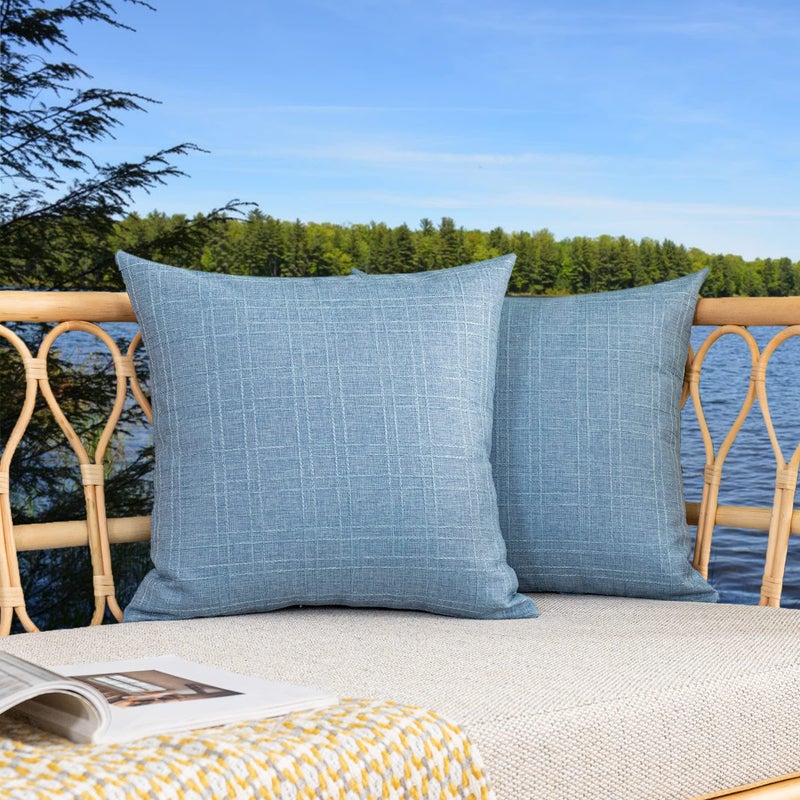 K KEVIN TEXTILE Kevin Textile Pack of 2 Decorative Outdoor Waterproof Checkered Pillow Covers Garden Cushion Sham Throw Pillowcase Shell for Patio Tent Couch 24x24 Inch Light Blue - Image 1